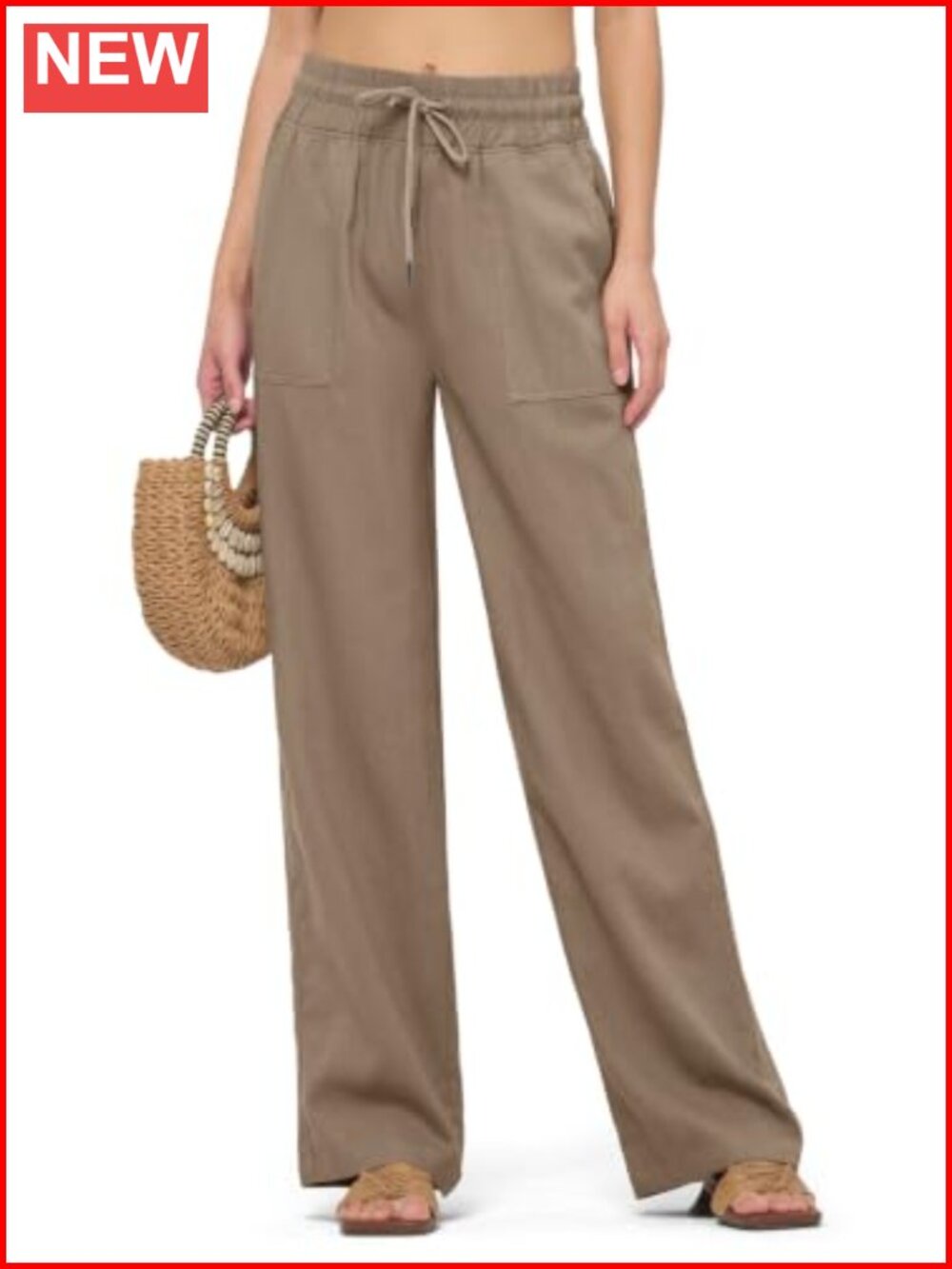Women Linen Wide Leg Palazzo Pants Elastic Waist Pockets